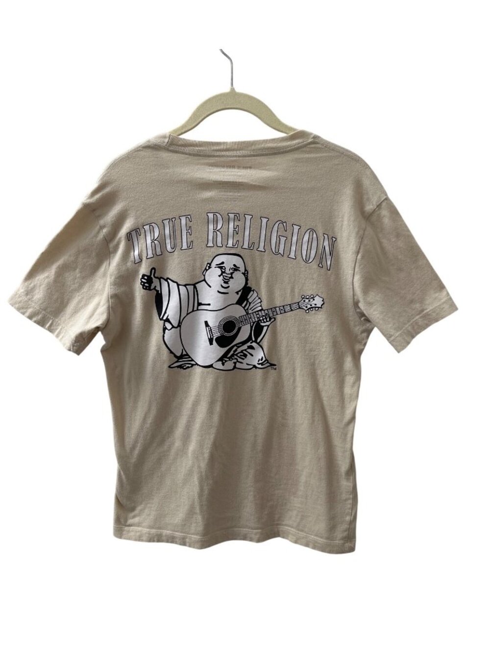 True Religion Beige Graphic Tee With Buddha Playing Guitar Sz Small